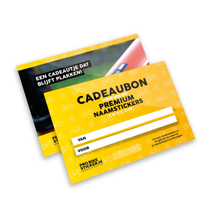 Gele cadeaubon voor een set naamstickers Premium, cadeau voor een wielrenner of mountainbiker