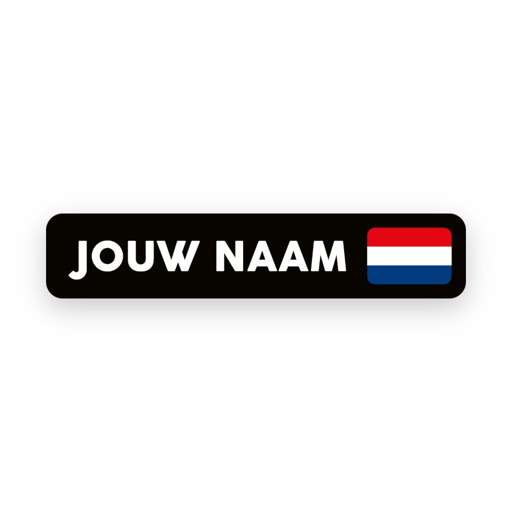 Sticker nom noir avec le texte « Votre nom » et le drapeau néerlandais, pour le cadre et le casque